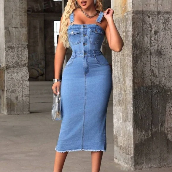 Buttoned Denim Dress with Slit Back - Picture 8 of 10